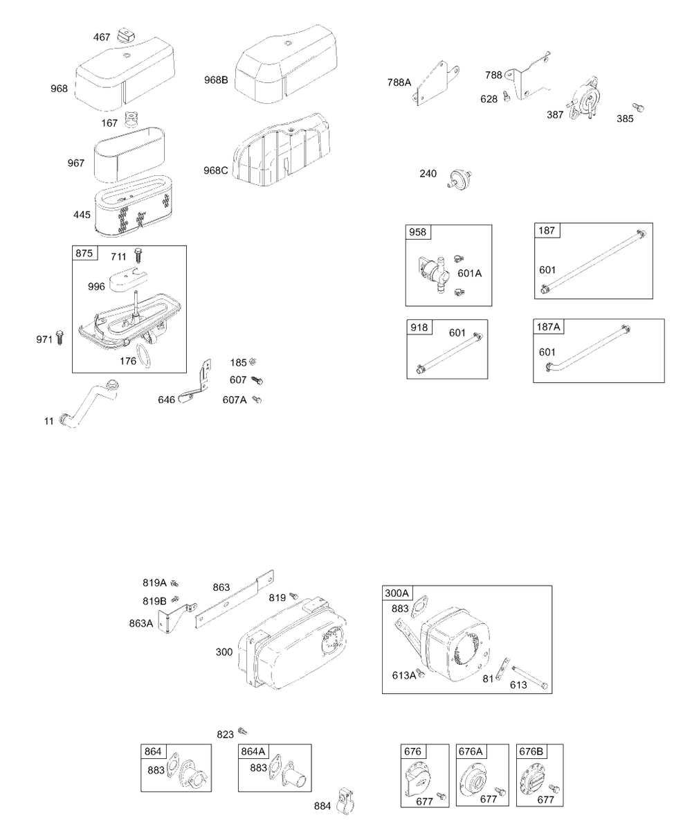 Air Cleaner, Muffler, Fuel Diagram and Parts List for 311707-0116-XX  Briggs and Stratton Engine